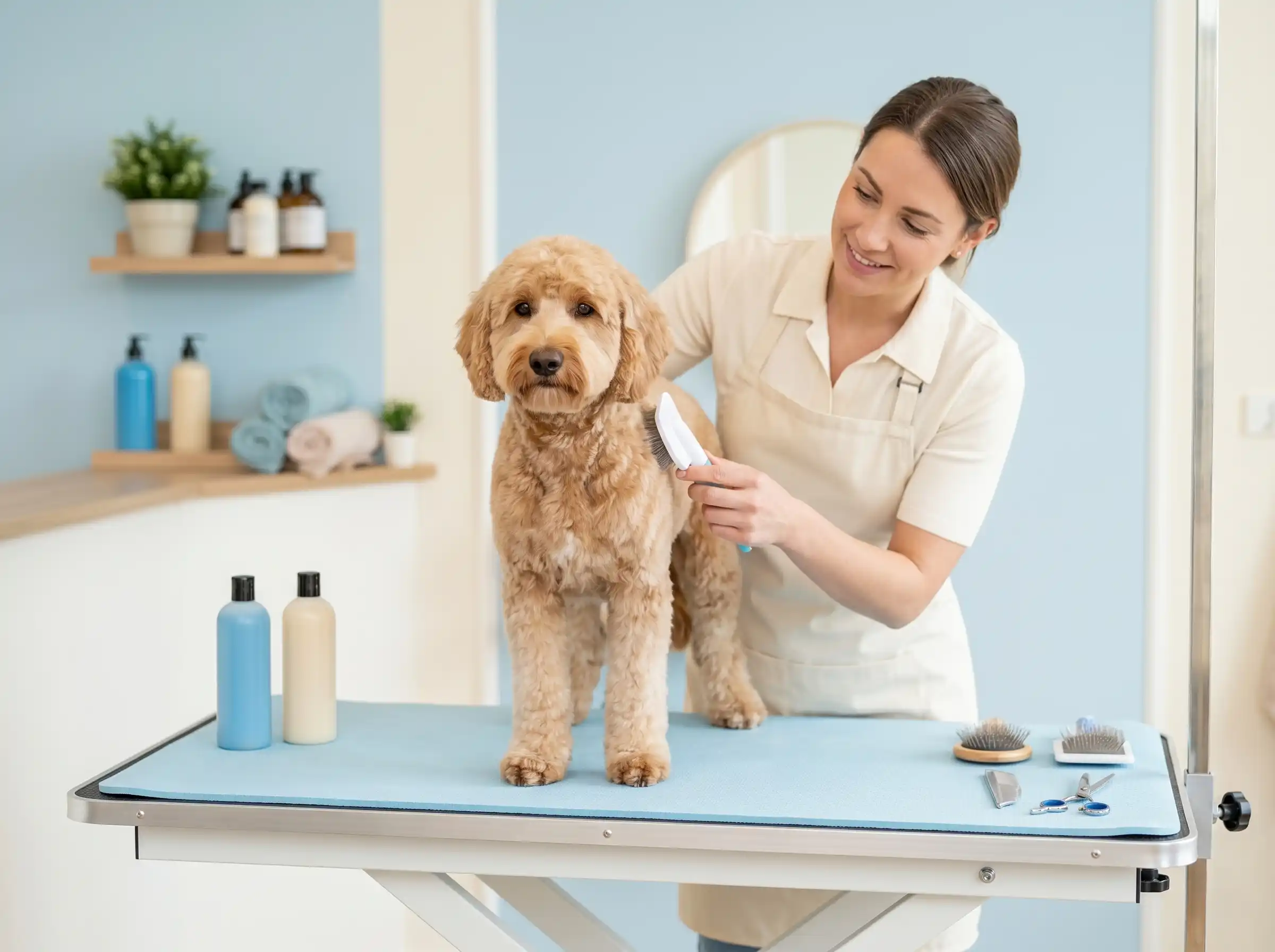 Hundefriseurin pflegt einen Hund behutsam im Salon