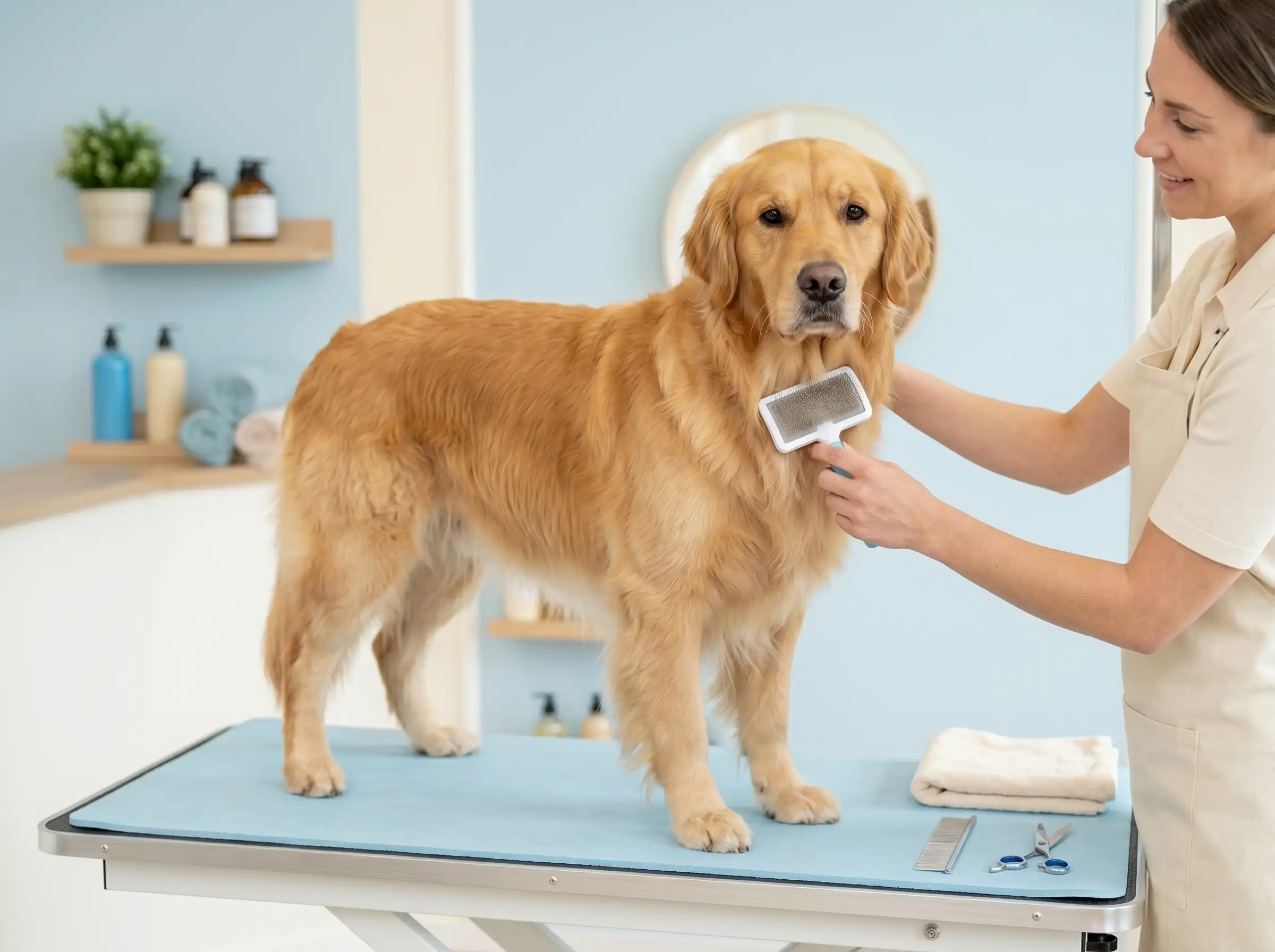 Großer Hund wird im Hundesalon behutsam gepflegt